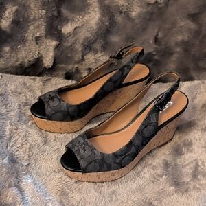 Coach Black Signature Canvas Cork Wedge Slingbacks